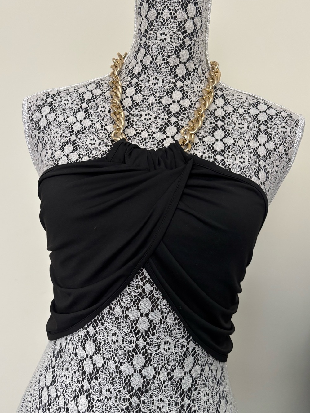 2/$15 Cider Solid Gold Chain Halter Crossover Ruched Crop Top Y2K